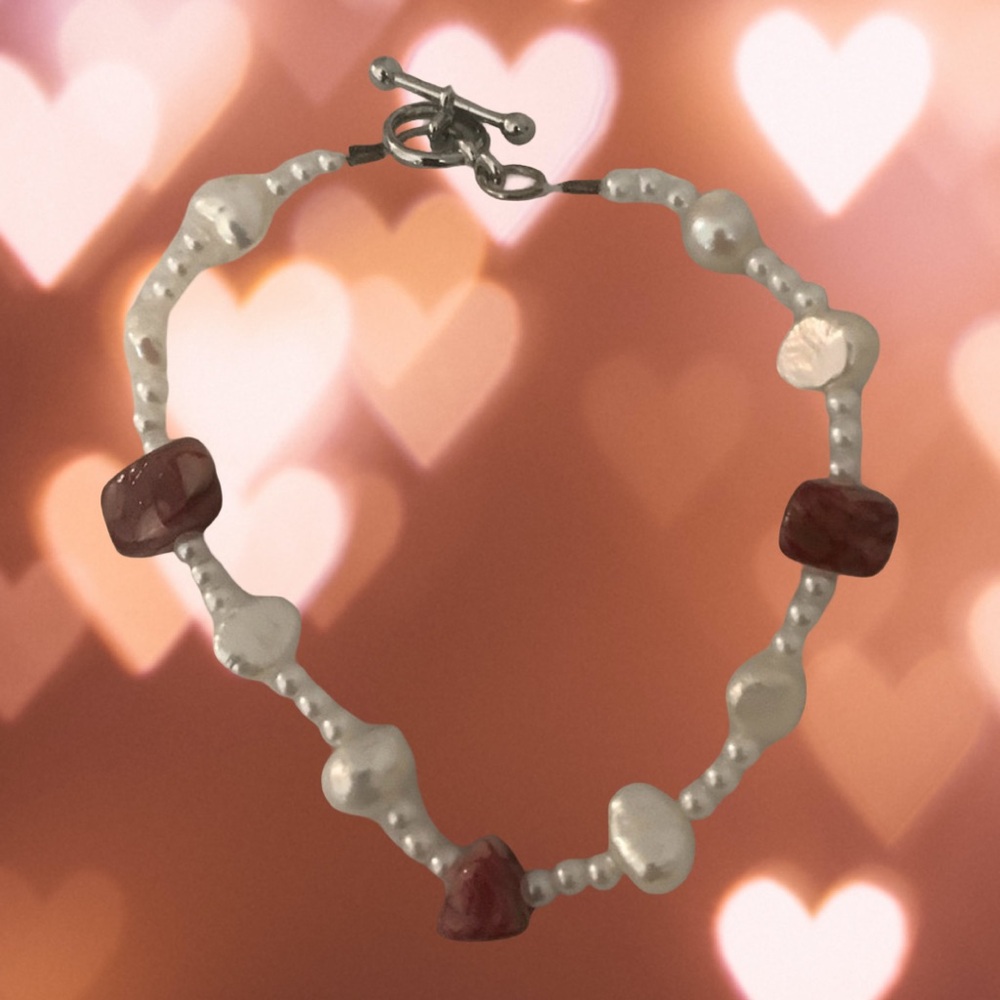 Hand Crafted Pearl and Red Gemstone Bracelet
